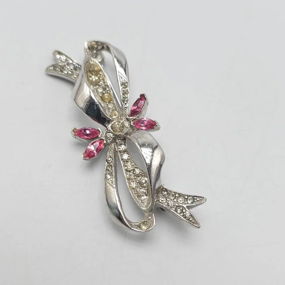 Vintage Silver Rhinestone Bow Brooch Pin With Pink and Clear Crystals